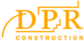 DPR construction logo using yellow serif font with geometric lines