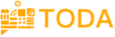 Yellow Toda logo on white background next to group of shapes